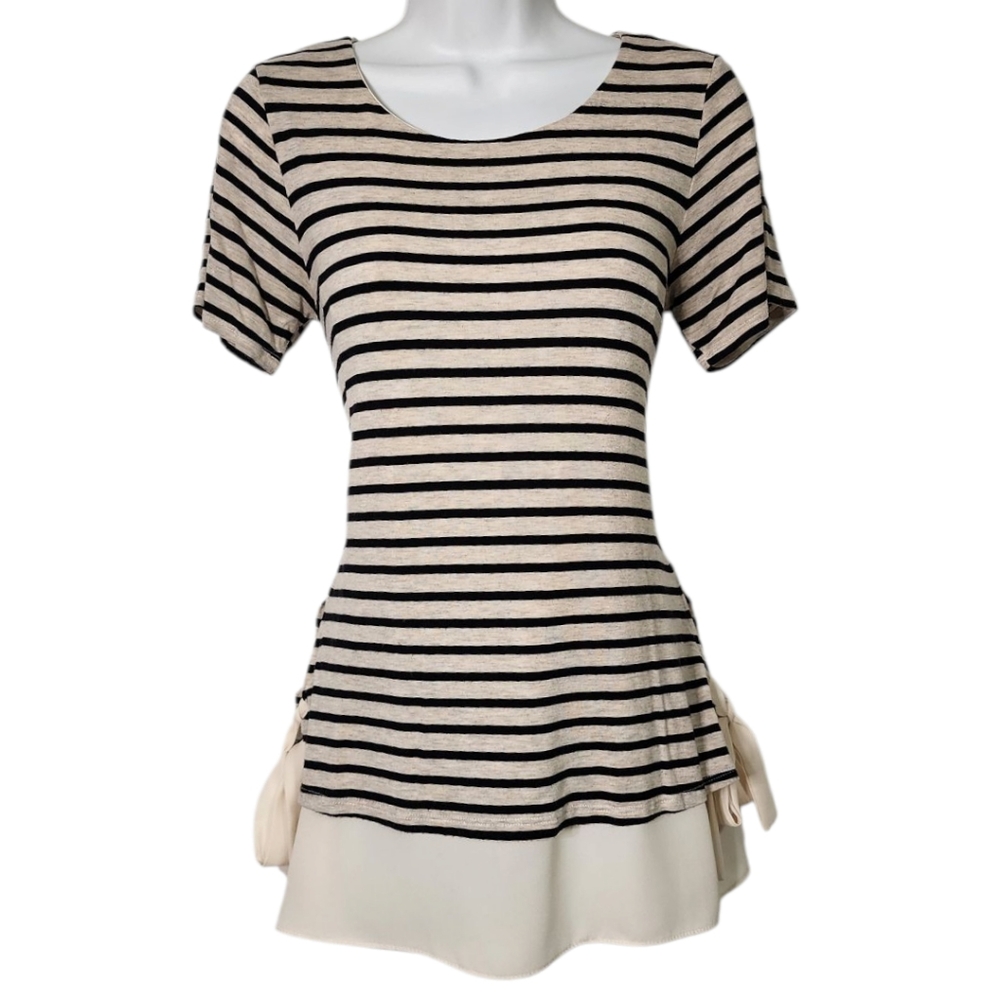 Moa Moa Womens Medium Lined Stripe Side Tie Flowy Short Sleeve USA Made Shirt